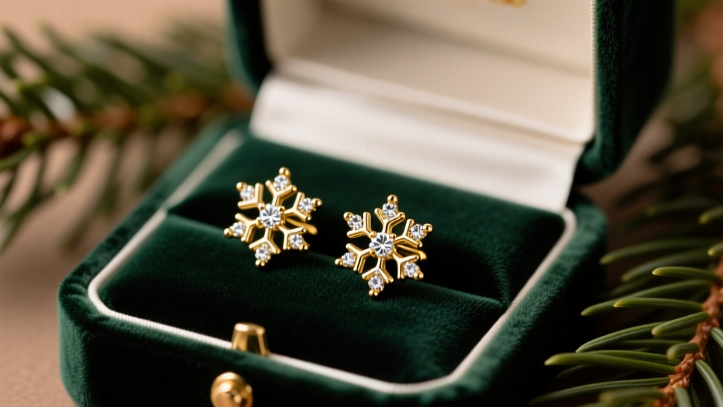 Close-up of velvet holiday box revealing 14k gold snowflake stud earrings with pave diamonds on a dark green pine branch.