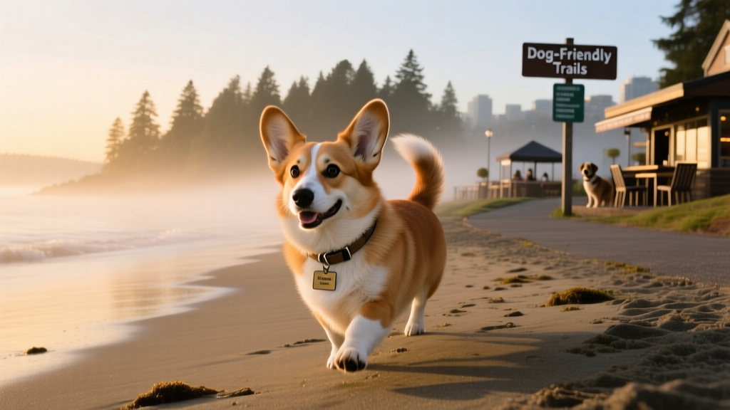 a cheerful corgi walking along a misty Seattle beach, head tilted mid-step