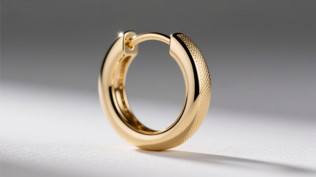 Macro shot of a seamless 14k white gold hoop earring showing a smooth, flush solder joint against a soft grey background.