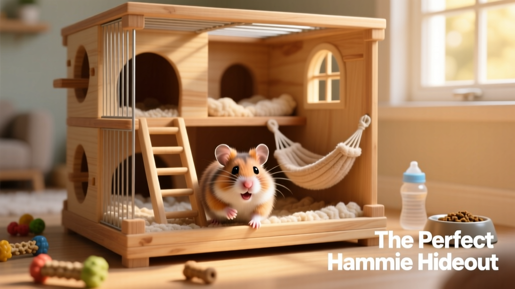 A happy Syrian hamster exploring a spacious multi-level cage with tunnels and bedding