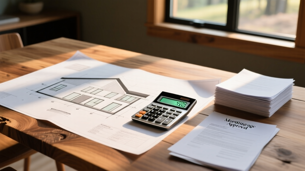 Architectural blueprints for a 900 square foot modern cabin spread on a wooden table next to a financial calculator and mortgage approval documents