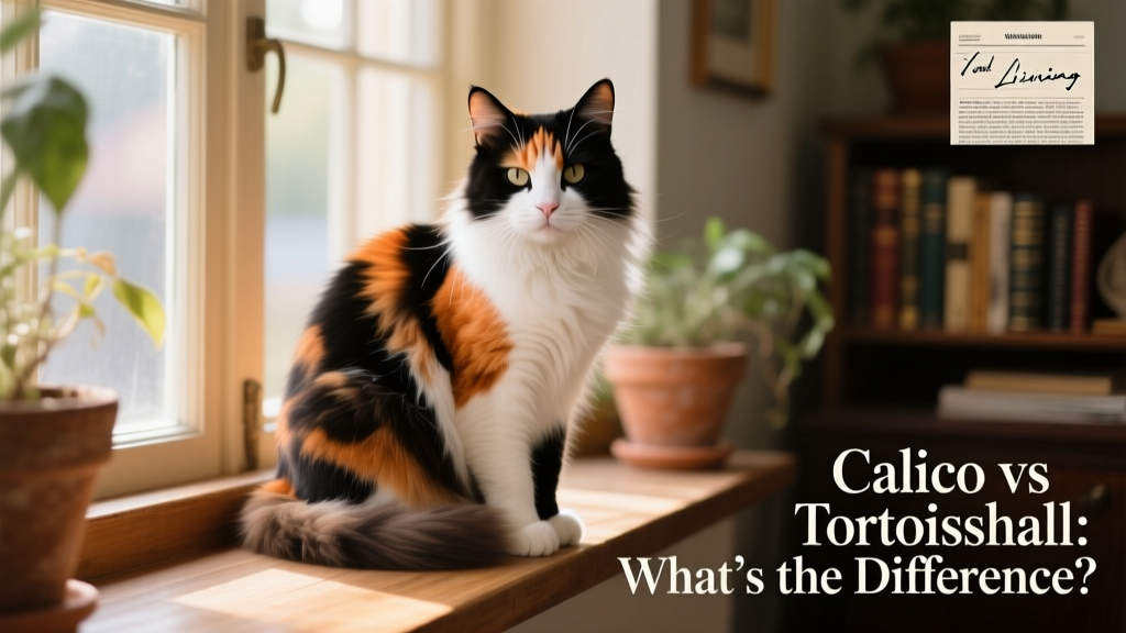 A long-haired calico cat sitting calmly, highlighting clear patches of black, orange, and white fur
