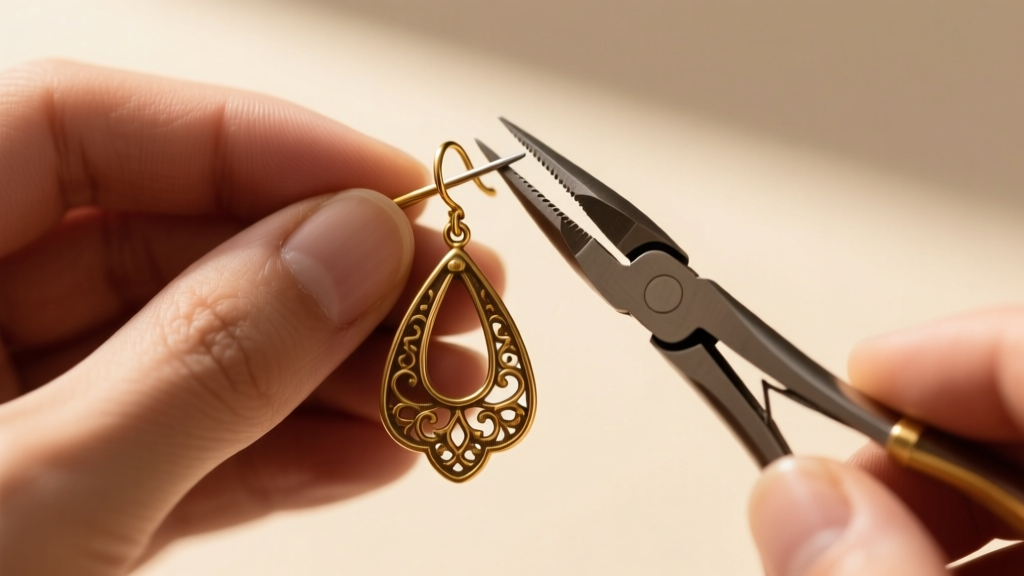 Jeweler using nylon pliers to adjust tension on a vintage brass paddle-back clip-on earring against a soft neutral backdrop