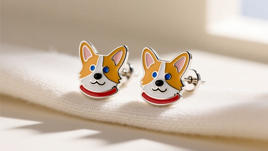 Enamel corgi stud earrings on a cloth, gentle light highlighting the painted details and polished sterling silver posts