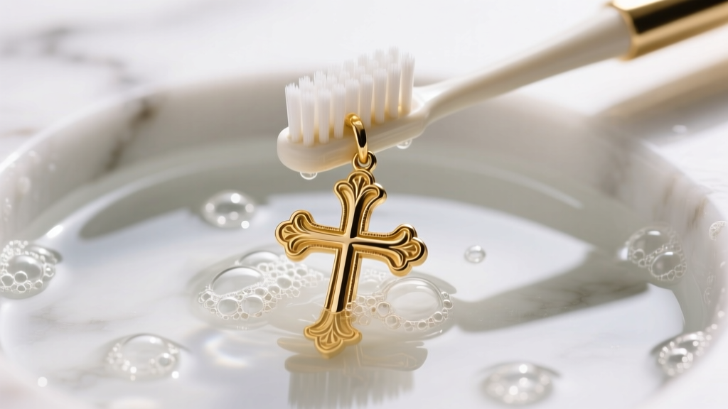 Soft-bristled toothbrush gently scrubbing the intersection of a gold double cross pendant submerged in mild soapy water.
