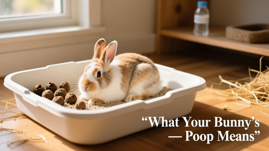 Rabbit resting calmly in clean litter box beside a few healthy fecal pellets and cecotropes