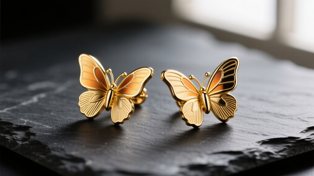 Macro shot of gold-plated brass Kate Spade butterfly earrings on dark slate, highlighting textured metal wings.