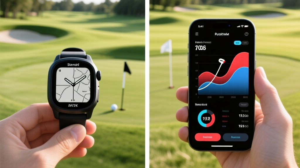 Split-screen comparison showing a basic golf GPS watch display next to a smartphone app displaying advanced swing path and club head speed data