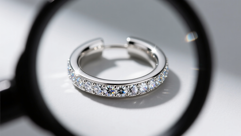 Macro top view of a mens 12mm white gold diamond hoop earring under a loupe, highlighting bright melee diamond facet reflections.