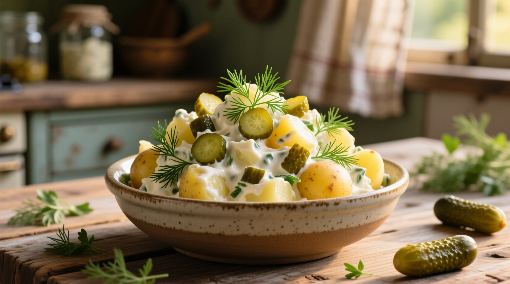 Creamy potato salad with fresh dill and diced pickles in bowl
