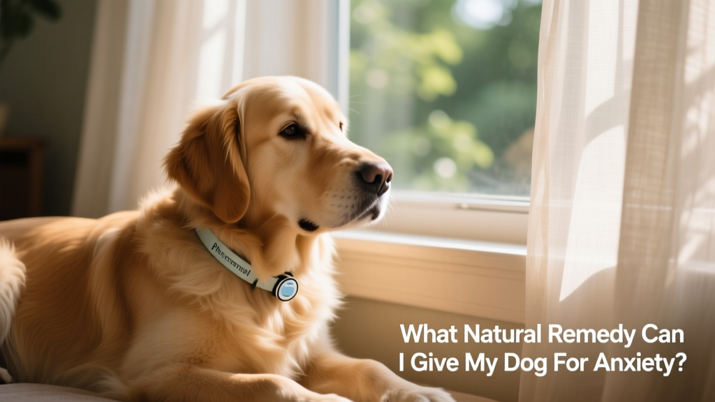 A calm golden retriever resting beside a window with soft sunlight, wearing a calming pheromone collar
