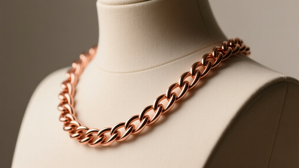 Side profile of 14k rose gold twisted curb chain on a mannequin, emphasizing tight interlocking links and warm copper hue under soft light.