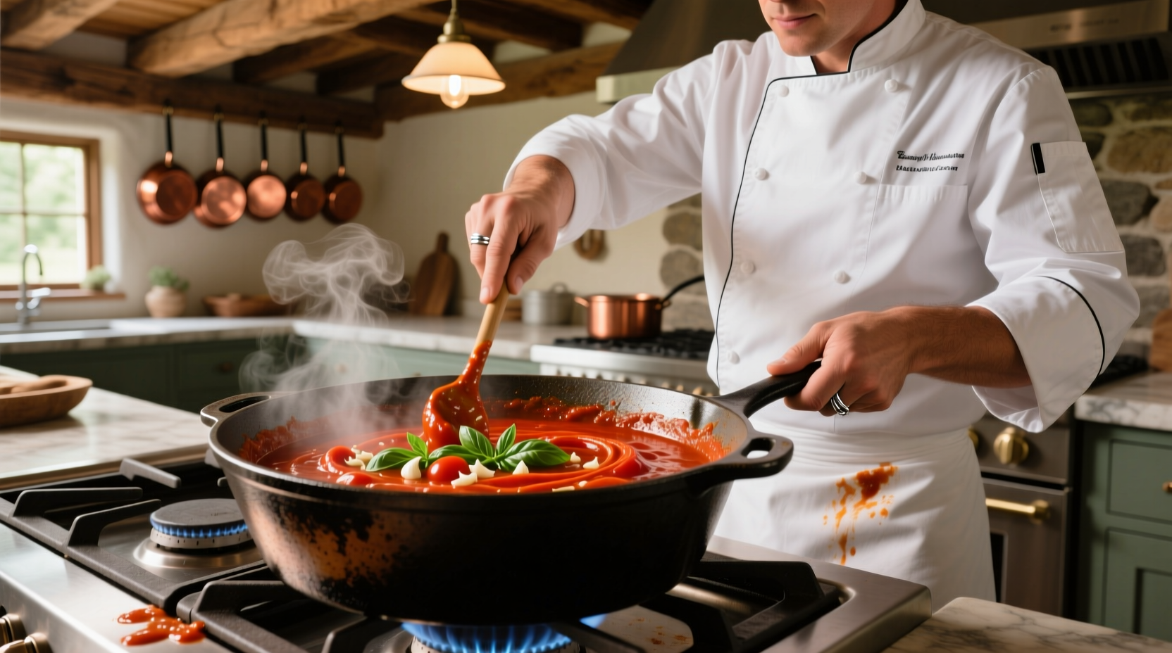 Chef stirring tomato sauce in cast iron pot