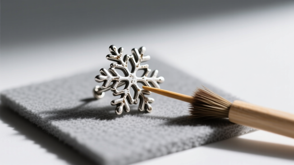 Wooden toothpick and soft brush cleaning intricate crevices of a tarnished silver snowflake earring on a gray mat.