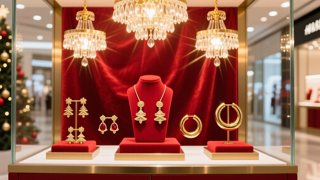 Festive holiday display at a mall kiosk featuring red and gold Christmas stud earrings and huggies under warm sparkling lights