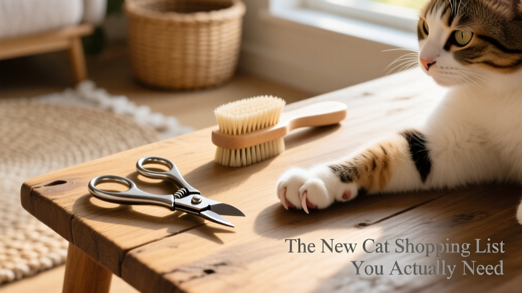 FurPetVo nail clippers and a small grooming brush laid neatly beside a cat’s paw