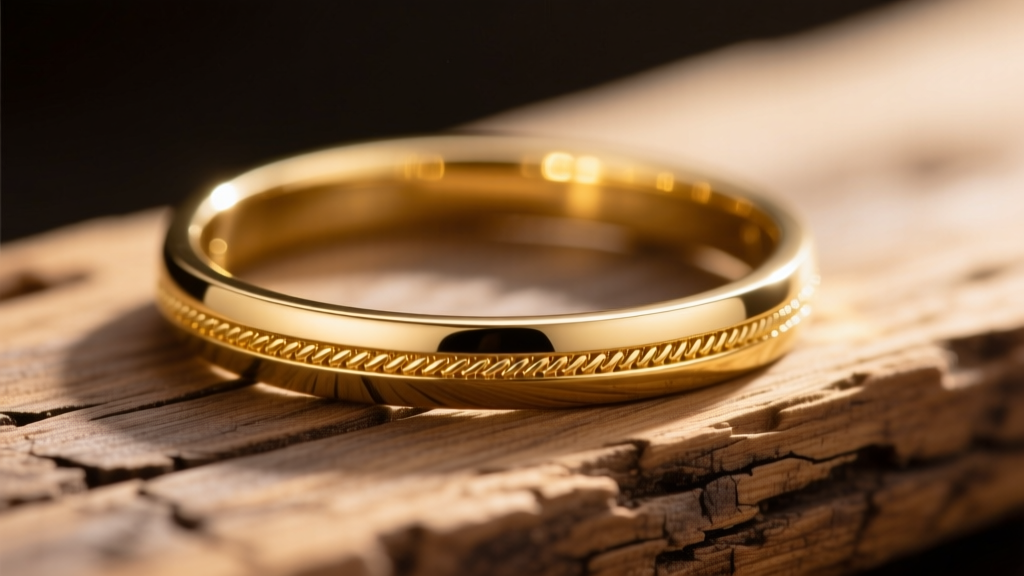 Close-up of a 14k solid gold permanent bracelet on weathered wood with soft Texas sunlight highlighting the micro-weld joint.