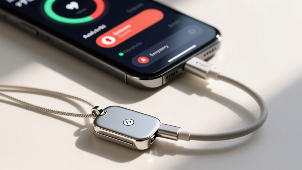Close-up of a magnetic charging cable connecting to a smart safety pendant, with a smartphone screen displaying the companion app.