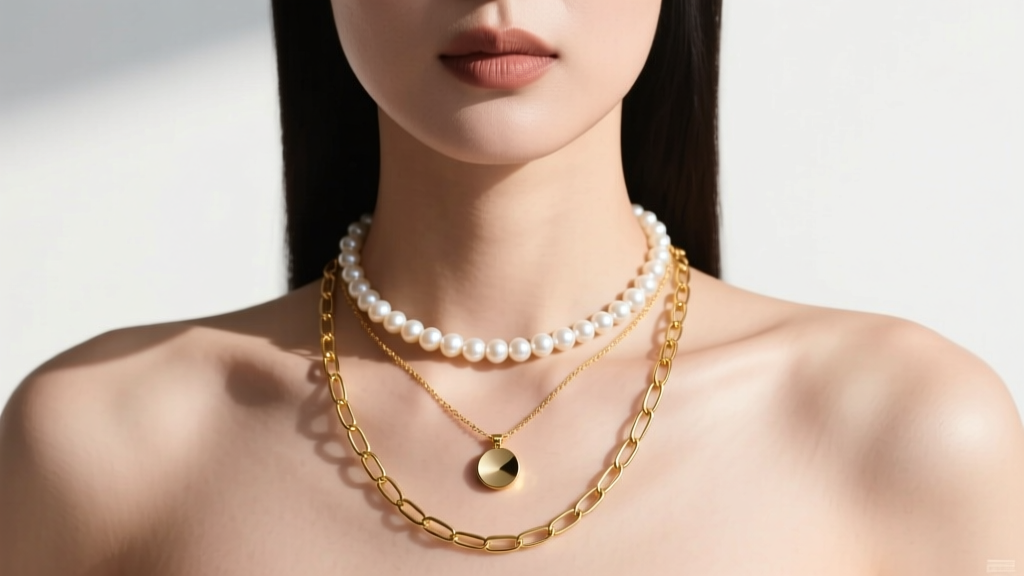 Woman wearing a layered gold stack with a 14-inch petit cd pendant, a 16-inch pearl choker, and an 18-inch paperclip chain.