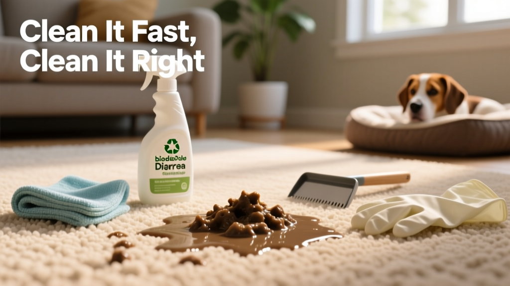 Close-up of fresh dog diarrhea on light-colored carpet, with cleaning supplies nearby