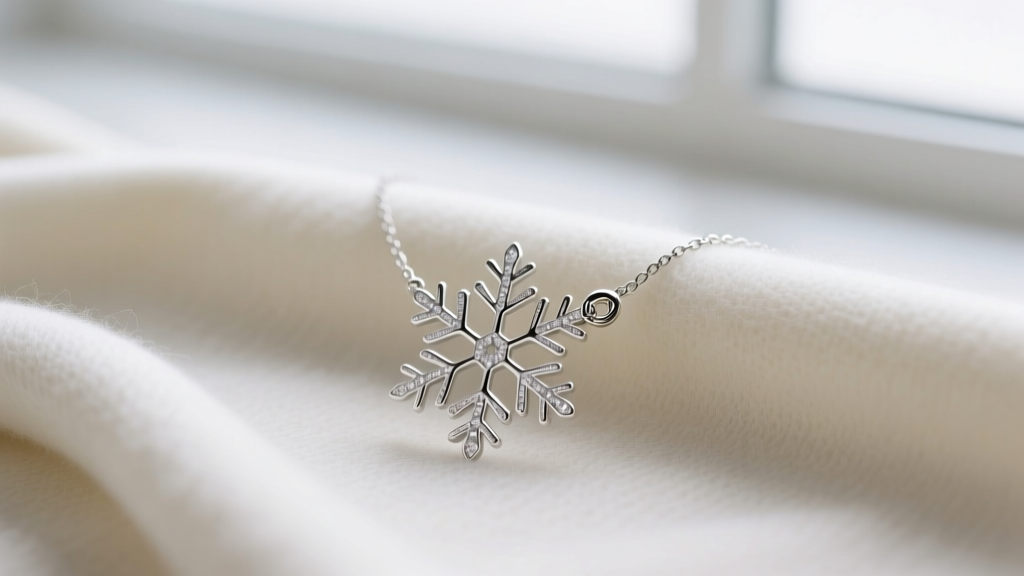 Silver snowflake necklace on cashmere, soft light highlighting intricate six-point filigree metalwork and a small lobster clasp.