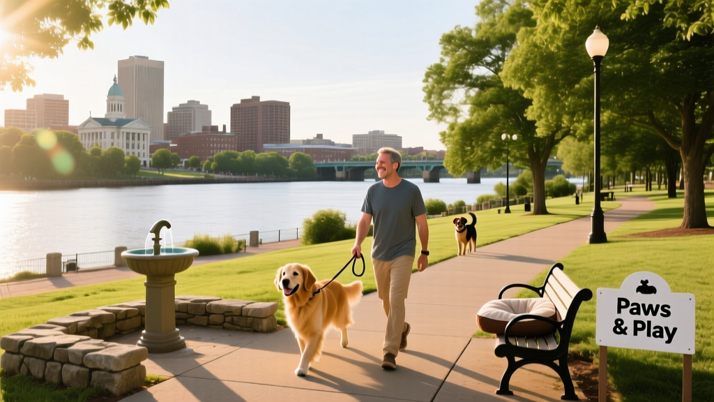 Richmond cityscape with the James River in the foreground and historic buildings lining the waterfront