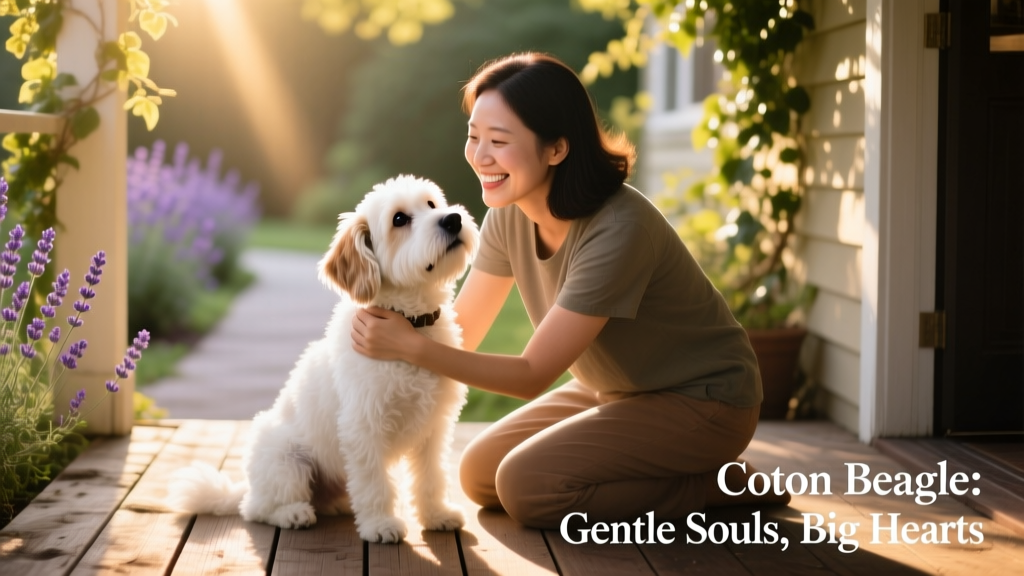 A smiling owner kneeling beside their Coton Beagle on a sunlit porch, both looking relaxed and connected