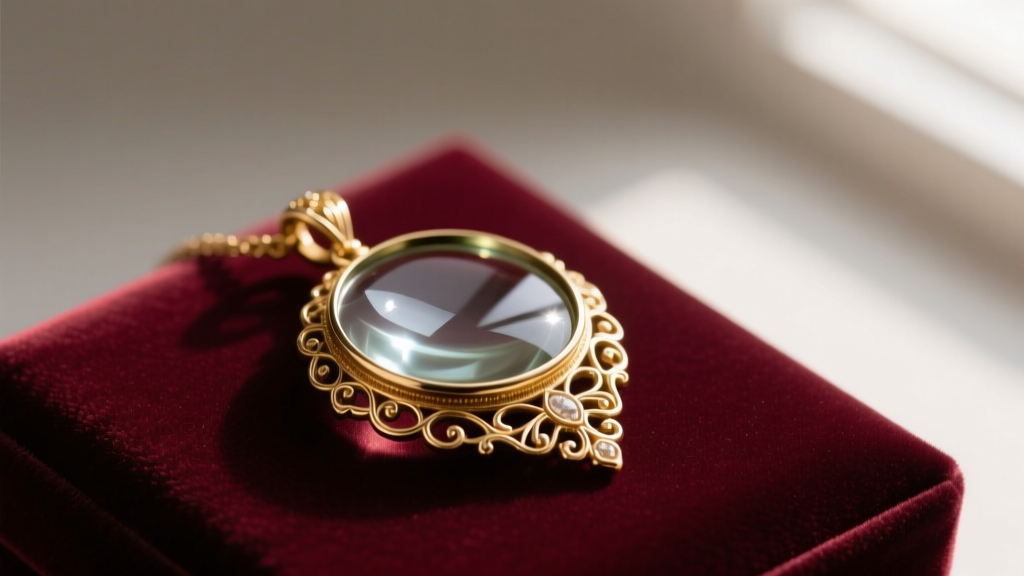 Vintage Avon magnifying glass pendant resting on velvet, highlighting intricate gold-tone metalwork and a clear optical lens.