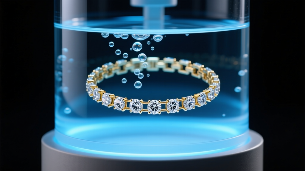 Diamond tennis bracelet submerged in a bubbling ultrasonic cleaner bath, illuminated by soft blue LED light from the machine base