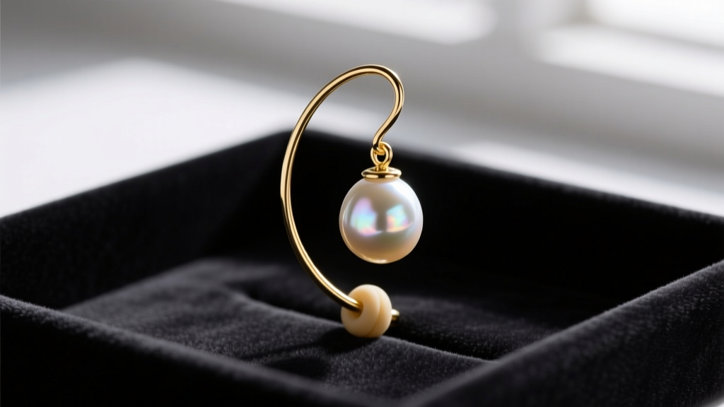 Macro shot of a 12mm pearl drop on a gold leverback wire with a silicone o-ring stopper, resting on a dark velvet display tray.