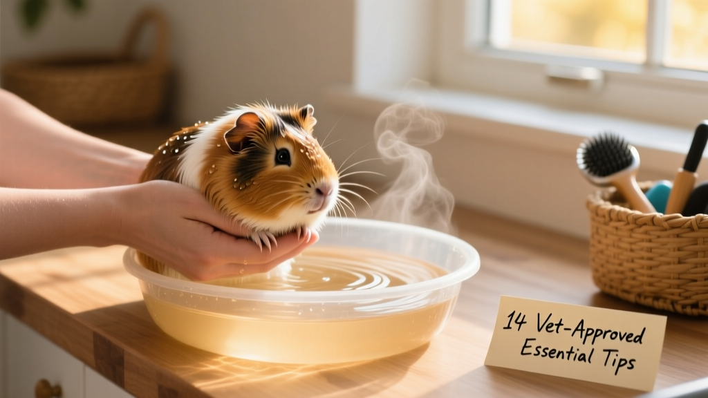 A calm guinea pig being gently held over a shallow basin of warm water during a supervised bath