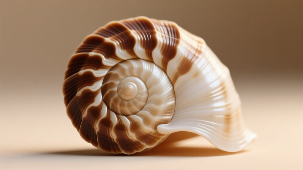 Macro view of a Shiva Eye shell showing spiral brown and white calcified patterns under soft, warm directional studio lighting.