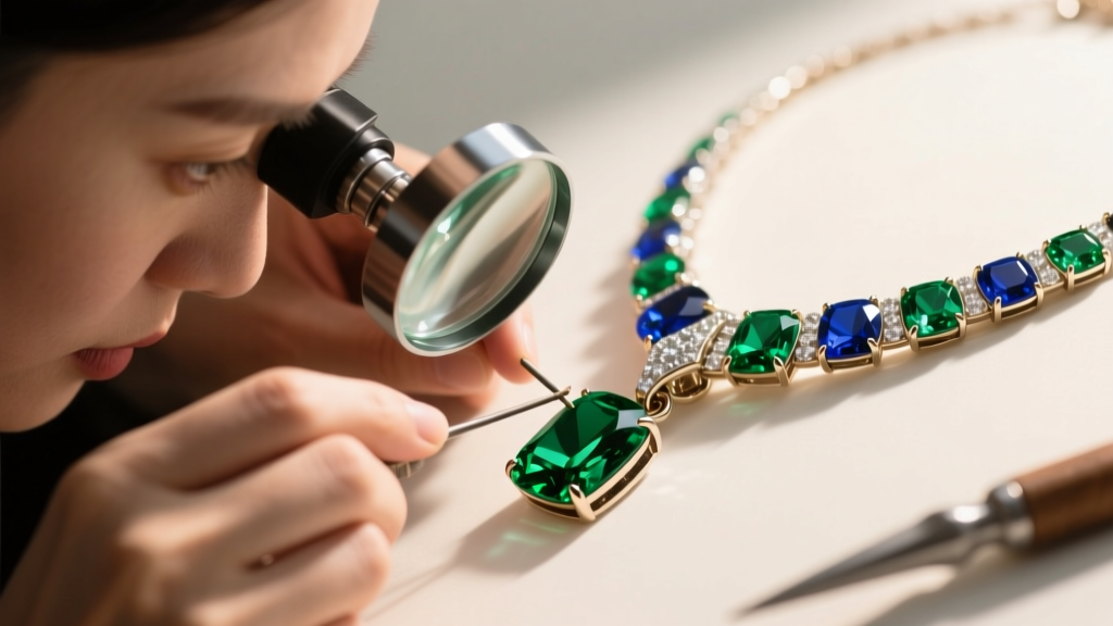 Close-up of a jeweler inspecting the soldered bail of a heavy gemstone bold statement necklace under a magnifying loupe