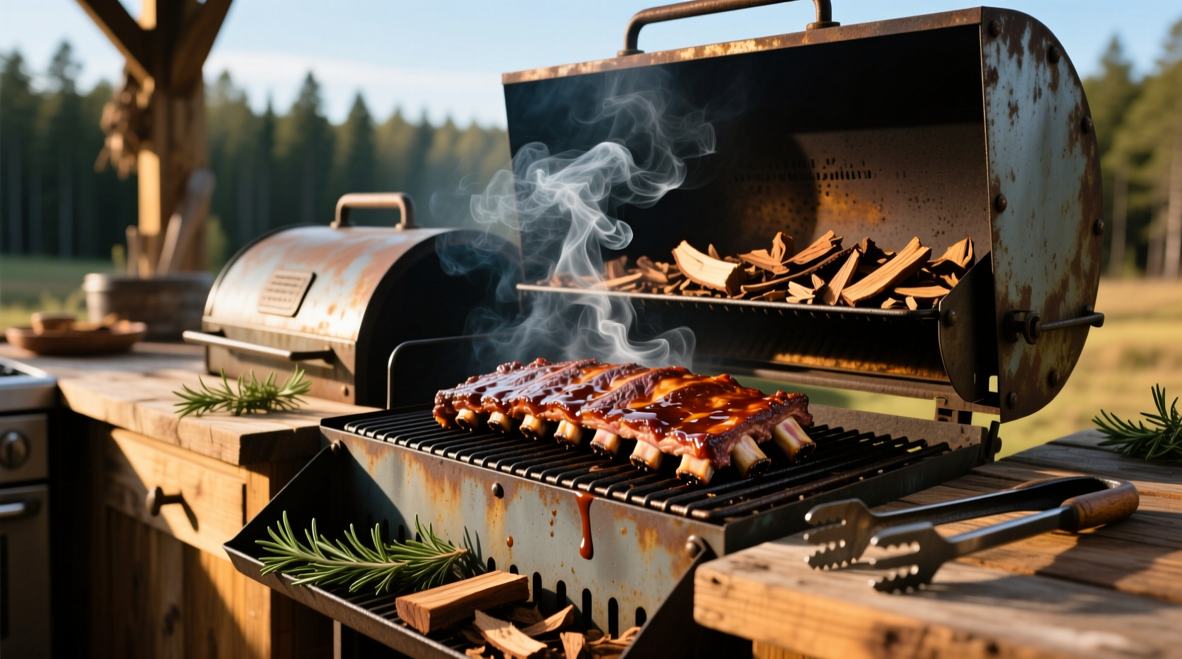 Smoker setup with wood chips and meat