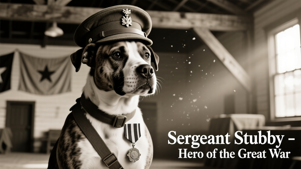 Historic black-and-white photo of Sergeant Stubby, a brindle-and-white Bull Terrier, wearing a military cap and medal ribbons