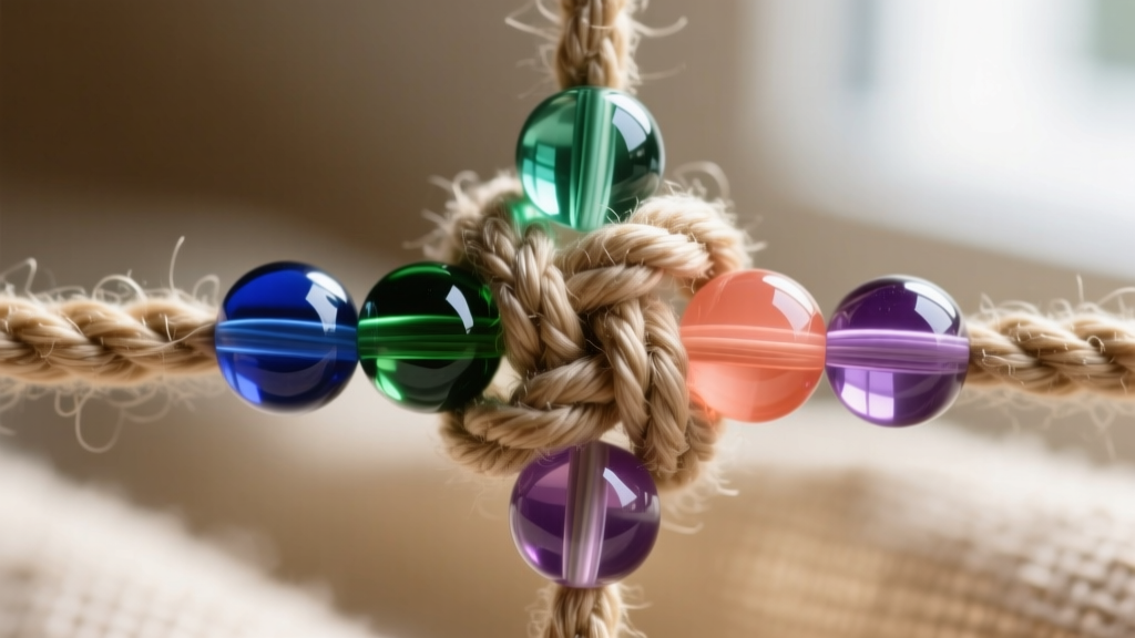 Macro photography of waxed cotton thread knotting around 4mm Czech glass seed beads in a traditional right-angle weave pattern.