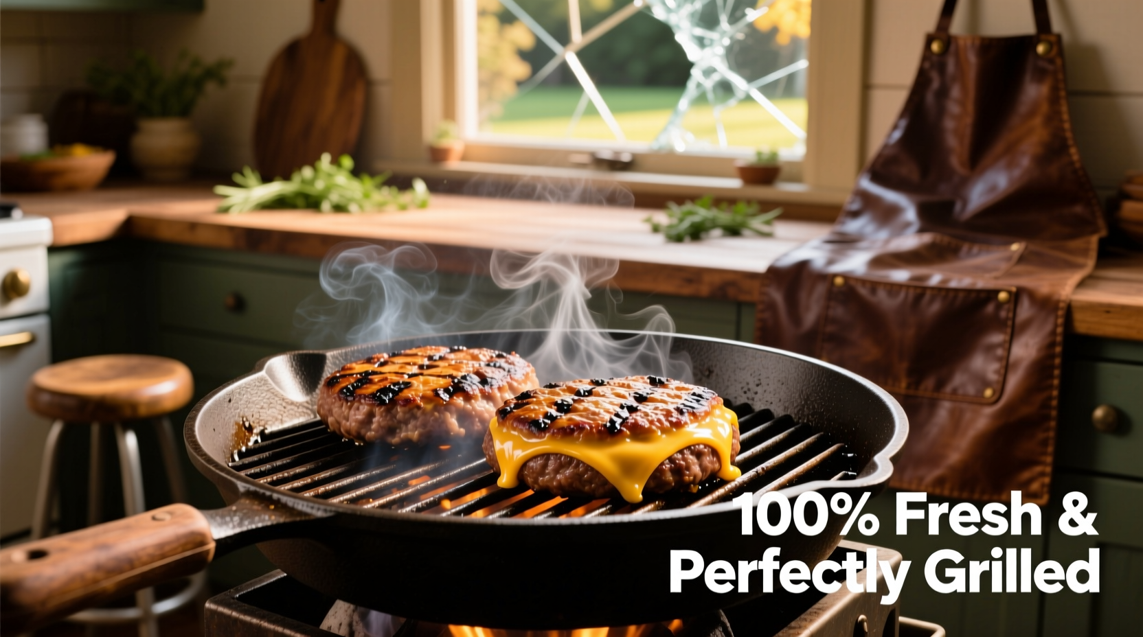 Perfectly cooked hamburger patties on grill