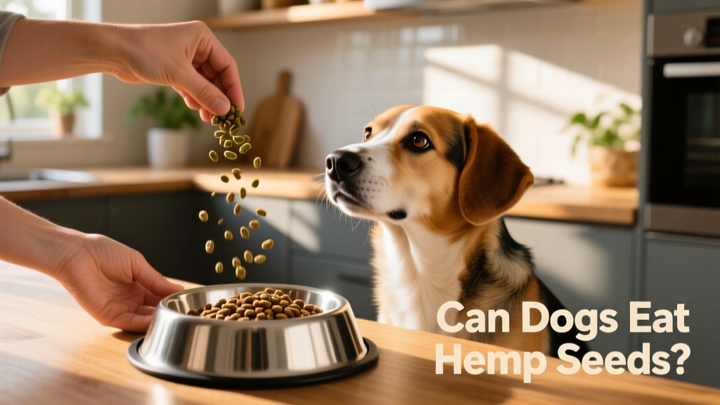Dog owner sprinkling hemp hearts over kibble in a stainless steel bowl