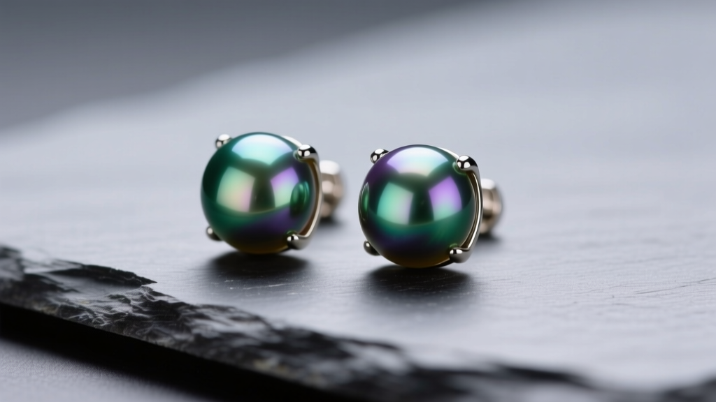 Honora peacock freshwater pearl earrings on slate, revealing iridescent green and purple overtones under soft studio lighting.