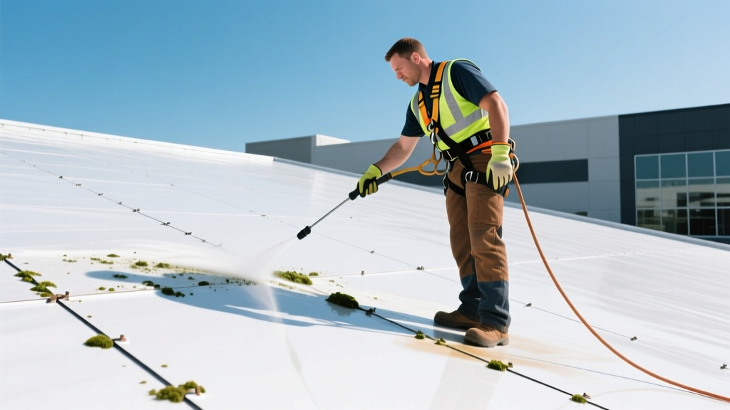 Roofer in harness pressure washing a bright white TPO membrane roof and inspecting heat-welded seams on a commercial building