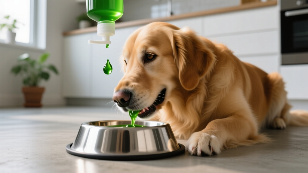 A golden retriever eating from a stainless steel bowl supplemented with a pump of liquid algae oil for joint health