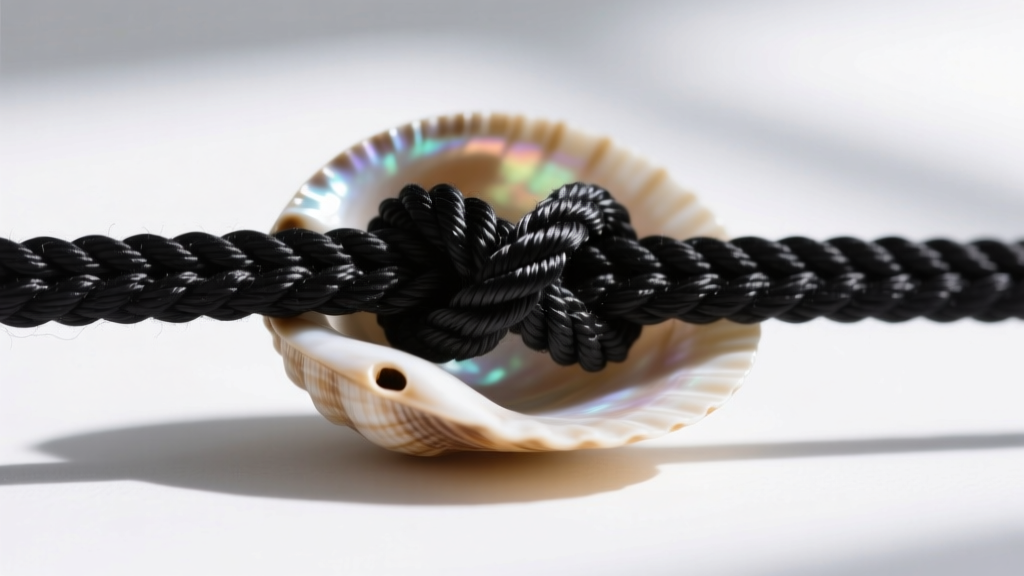 Macro photography of a 2mm black waxed cotton cord passing through a drilled cowrie shell, highlighting the secure macrame knot.
