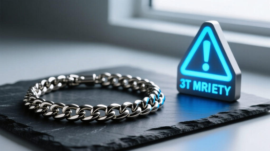 Close-up of a thick titanium cuban link chain necklace resting on dark slate next to a glowing 3T MRI safety warning sign.