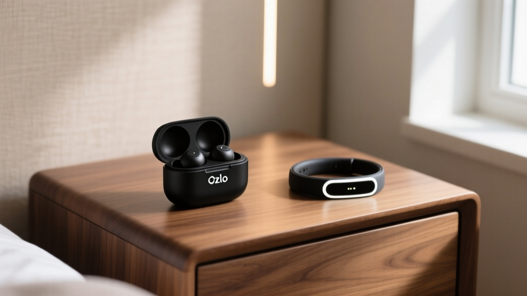 A sleek matte-black Ozlo Sleepbuds charging case resting on a minimalist walnut nightstand next to a smart sleep tracker.