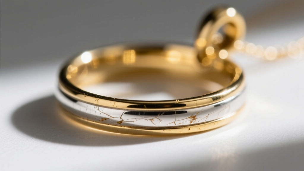 Extreme macro photography of a gold vermeil pendant edge showing slight wear to reveal the bright 925 sterling silver base beneath.