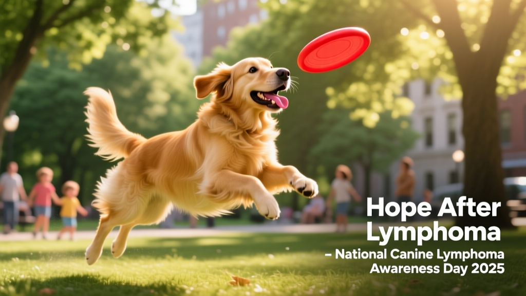 A happy, active dog playing fetch in a sunlit park, representing hope and vitality after lymphoma treatment