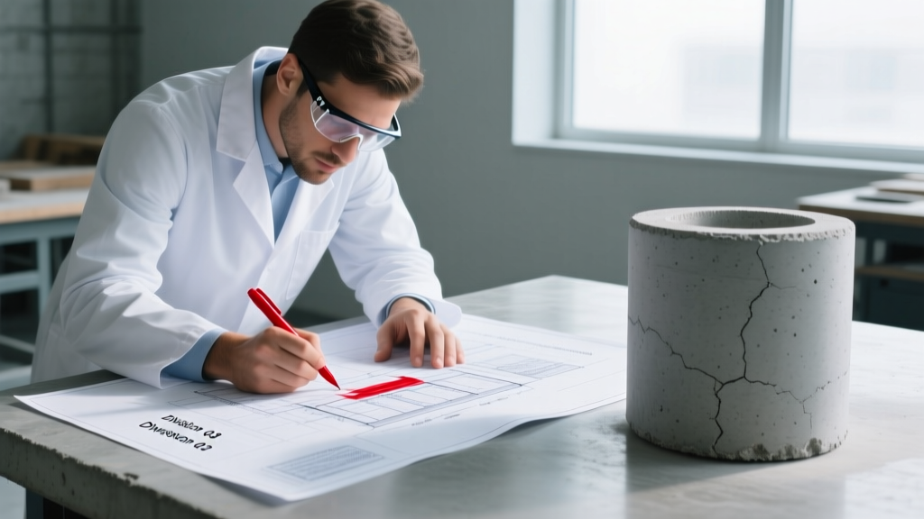Structural engineer marking up Division 03 concrete specification blueprints with a red pen beside a cured concrete test cylinder