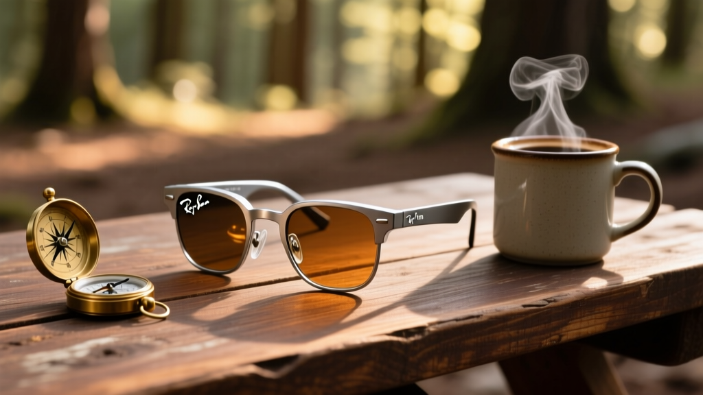 Close-up of Ray-Ban Meta smart glasses resting on a wooden camp table next to a compass and a steaming mug of coffee.