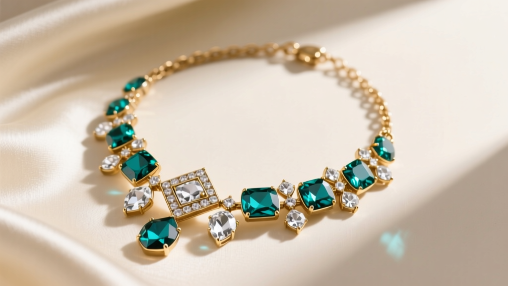 Flat lay of a vintage-inspired brass J.Crew crystal statement necklace with teal and clear glass stones on cream silk.
