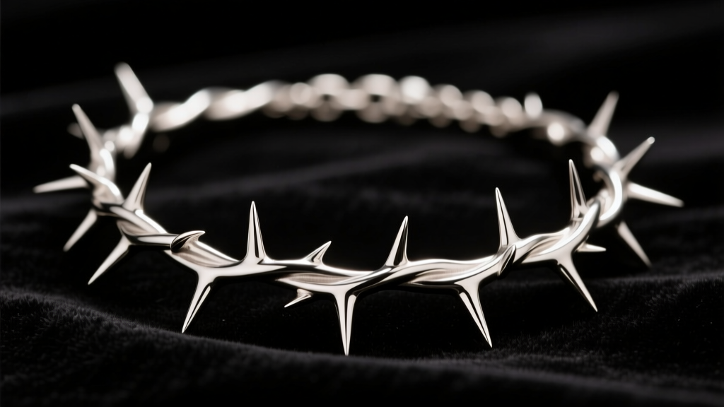 Sterling silver thorn necklace on black velvet, showing polished metal points and detailed vine textures under warm studio light.